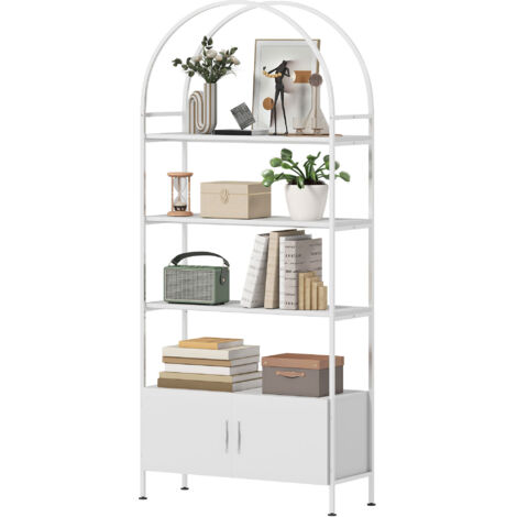 Bibliothèque arquée 4 étages avec armoire 2 portes, 80x30x187 cm, blanc