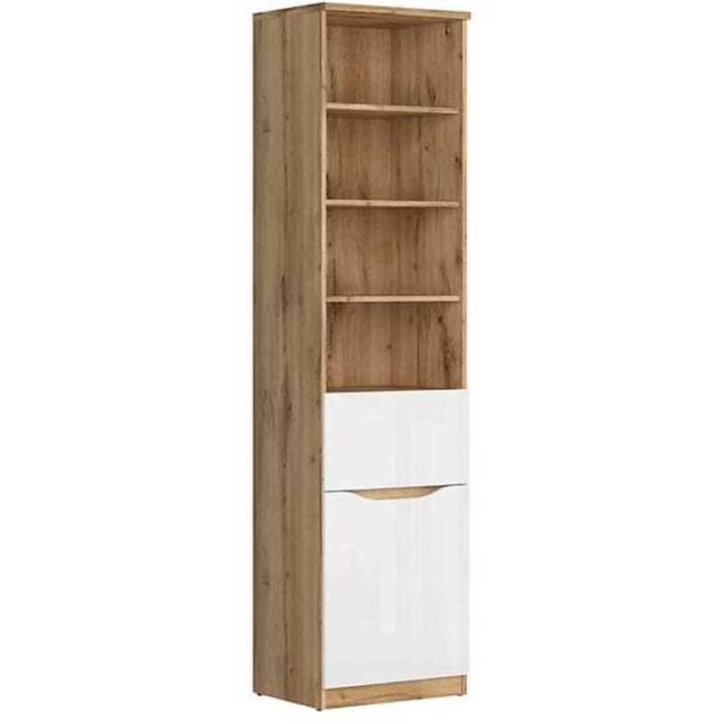 Bibliothèque avec 1 porte, 1 tiroir et 4 étagères,coloris Chêne wotan/Blanc brillant - Longueur 50 x Profondeur 40 x Hauteur 198 cm