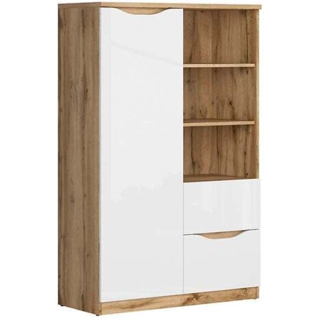 Bibliothèque avec 1 porte, 2 tiroirs et 3 étagères,coloris Chêne wotan/Blanc brillant - Longueur 90 x Profondeur 39,5 x Hauteur 147,5 cm