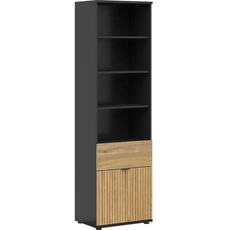 Bibliothèque avec 1 portes et 1 tiroir,coloris Chêne/Noir - Longueur 57 x Profondeur 39,5 x Hauteur 196 cm