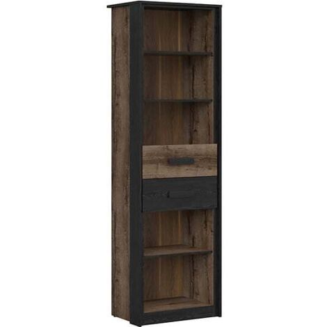 Bibliothèque avec 2 tiroirs et 5 étagères, coloris Chêne marron foncé/Chêne noir - Longueur 60 x Profondeur 41 x Hauteur 195 cm