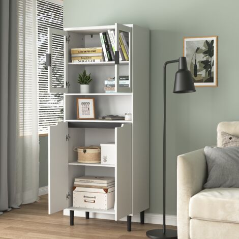 Bibliothèque avec 4 Portes, 2 Portes en Verre Trempé et Étagère Réglable, pour Salon, Bureau ou Chambre, Blanc
