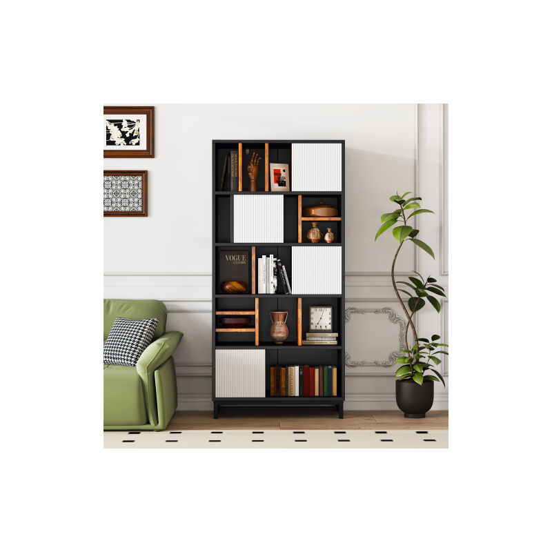 Ineasicer - Bibliothèque avec 5 étagères, hauteur 165 cm, largeur 80 cm, avec étagères, couleurs noir, blanc et marron