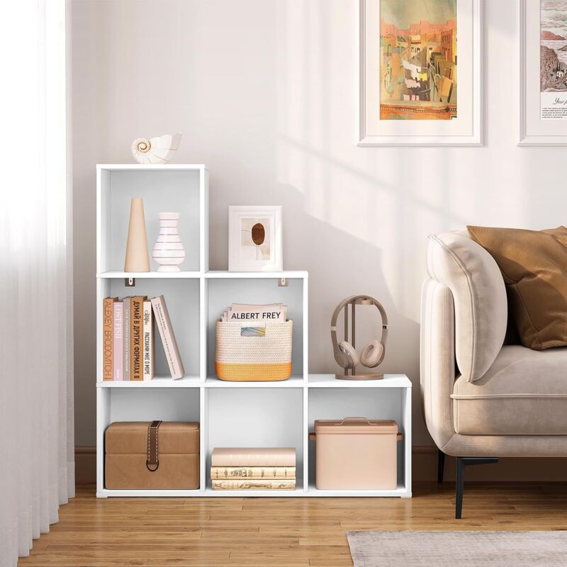 Woltu - Bibliothèque avec 6 Cubes 90x30x90cm, Étagère d'Escalier, Meuble de Rangement à Cubes, Étagère en Bois d'Ingénierie, Blanc