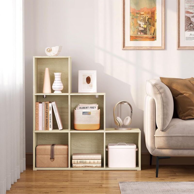 Woltu - Bibliothèque avec 6 Cubes 90x30x90cm, Étagère d'Escalier, Meuble de Rangement à Cubes, Étagère en Bois d'Ingénierie, Chêne Clair