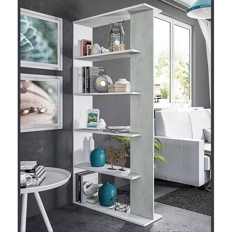 bibliotheque mera avec cinq etageres, couleur blanche artik detail de beton, 180 x 90 25 cm