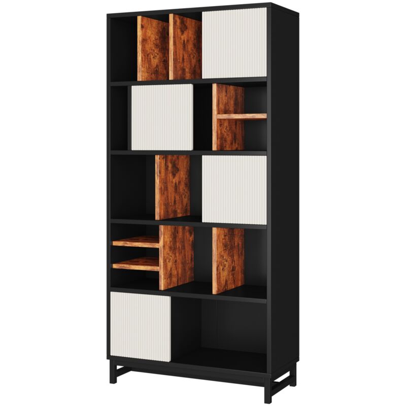 Fortuna Lai - Bibliothèque avec rangement - 5 compartiments - bois et métal - portes coulissantes et niches ouvertes - 80 x 35 x 165 cm