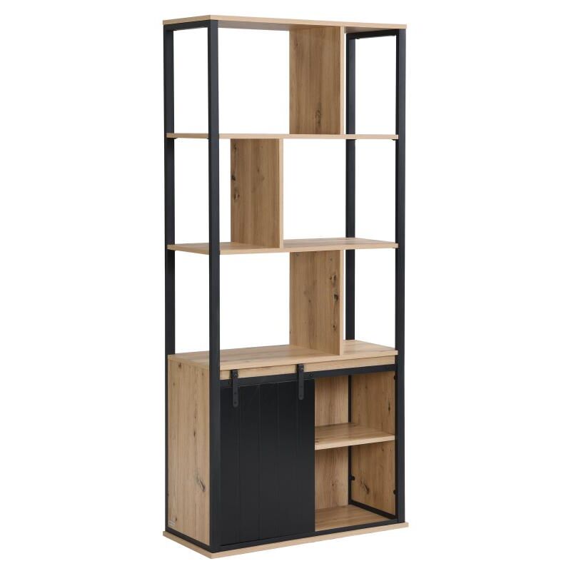 Vente-unique - Bibliothèque avec rangements et 1 porte coulissante en mdf et acier - Naturel et Noir - yalena
