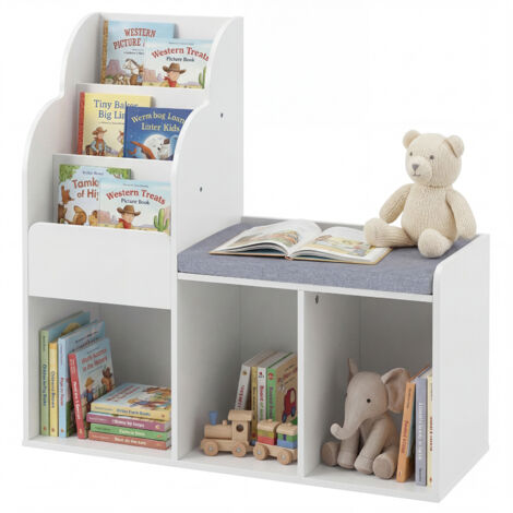 Bibliothèque Banc Enfant 2 en 1, Étagère à Livres avec 3 Cubes Verticaux, 3 Compartiments de Rangement, Assise Confortable avec Coussin Amovible