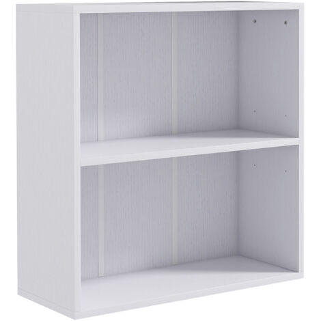 Bibliothèque basse à 2 niveaux avec étagère réglable et 2 compartiments, idéale pour le bureau, le salon ou la pièce d'étude, blanche.