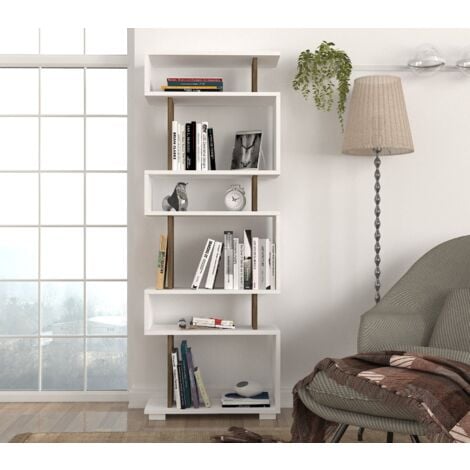 Bibliothèque Bicolore Blanc et Noyer avec Rangement, 60x165x19,5 cm, Pour Salon ou Bureau