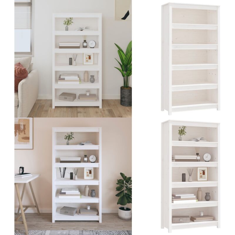 Bibliothèque Blanc 80x35x154 cm Bois de pin massif - Bibliothèque Blanche - Bibliothèque En Bois - Étagère Murale - Meuble Rangement - Bibliothéque