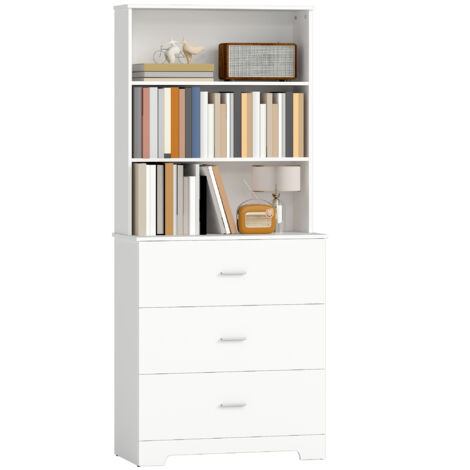 Bibliothèque blanche 6 niveaux avec tiroirs, meuble de rangement étagères ouvertes 79x39x182 cm
