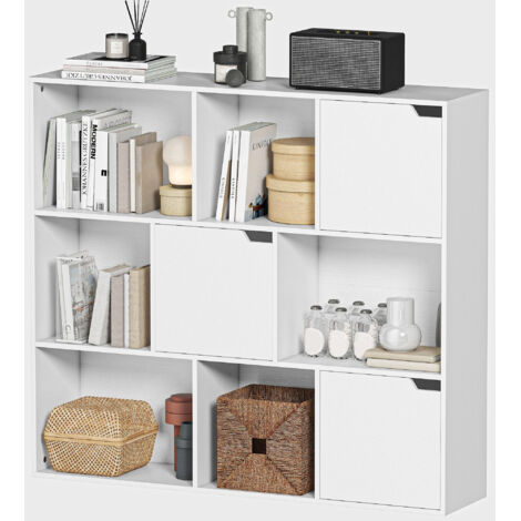 Bibliothèque blanche 9 cubes, 3 portes, 6 étagères ouvertes, 106x24x95 cm