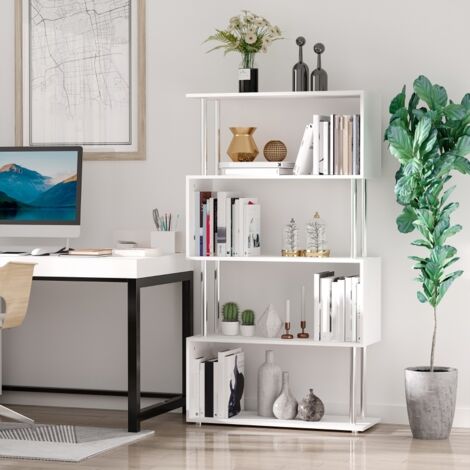 Bibliothèque blanche à 4 niveaux design moderne, structure bois et métal robuste, dimensions 80 x 30 x 145 cm, parfaite pour salon et bureau