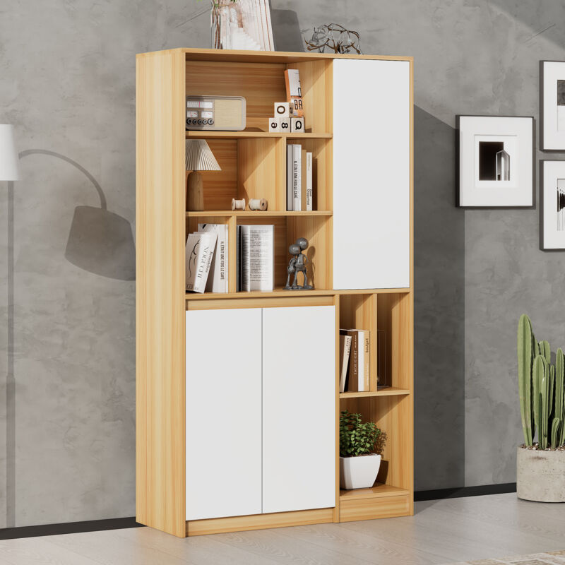 Wishdor - Bibliothèque bois et blanc avec 3 portes et étagères réglables, 90x35,5x160 cm, pour chambre, salon et bureau