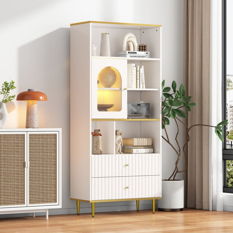 Okwish - Bibliothèque blanche avec vitrines éclairées par led, façades en verre, 5 compartiments ouverts et 2 tiroirs - Etagères modulables et