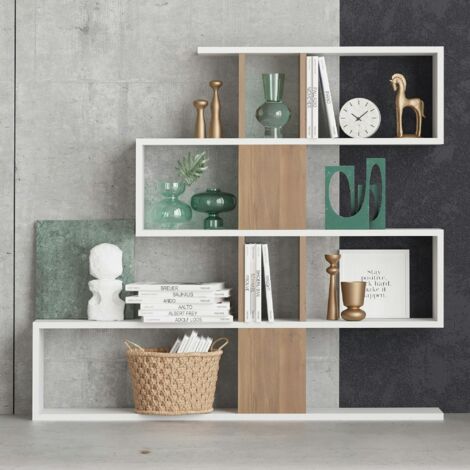 Bibliothèque blanche et effet noyer avec niches, 120 cm MARFA