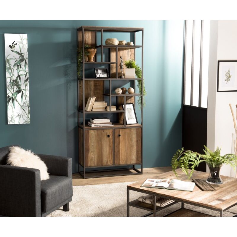 Macabane - alida - Bibliothèque haute 2 portes 10 open space Teck recyclé Acacia Mahogany recyclé et métal