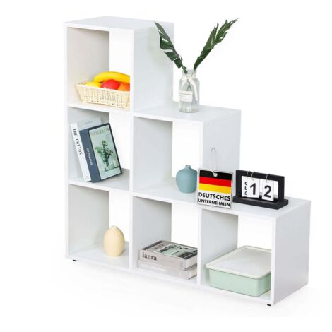 Bibliothèque Carolina Étagère blanche en MDF avec 6 compartiments pour livres, plantes & décoration