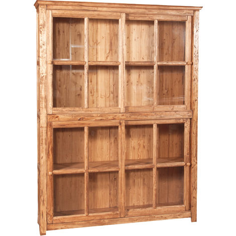 Bibliothèque créneau en bois massif de tilleul avec portes coulissantes, finition naturelle L154 x PR37 x H212 cm
