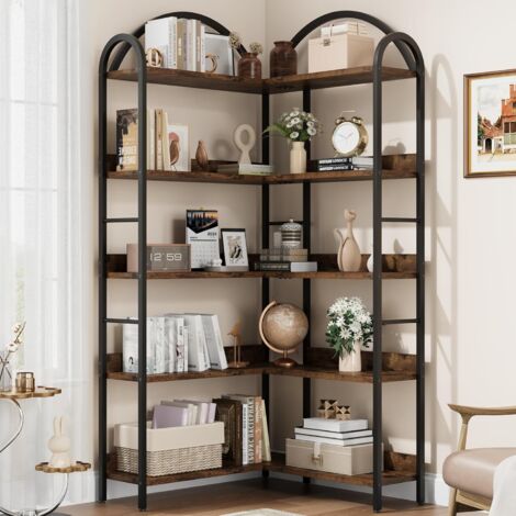 Bibliothèque d'angle 5 étagères, Grande étagère d'angle Industrielle, étagère d'angle sur Pied avec Cadre en métal pour Salon, Maison, Bureau, Marron Rustique