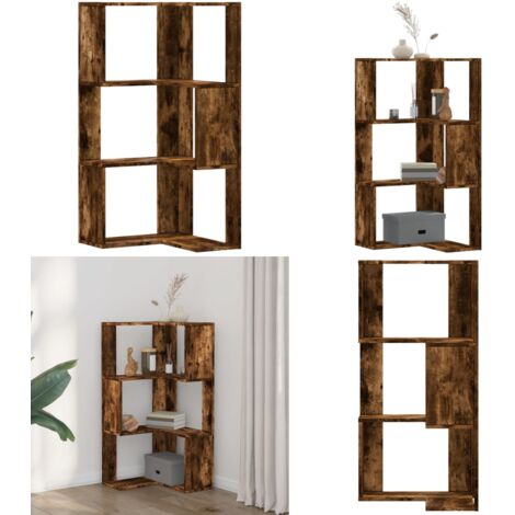 Bibliothèque d'angle à 3 niveaux chêne fumé bois d'ingénierie - Étagère à livres - Rangement