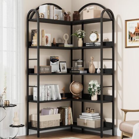 Bibliothèque d'angle à 5 niveaux, étagère d'angle industrielle en Bois et Métal, Meuble de Rangement,étagère de rangement pour bureau à domi,étagère d'affichage autoportante,noir