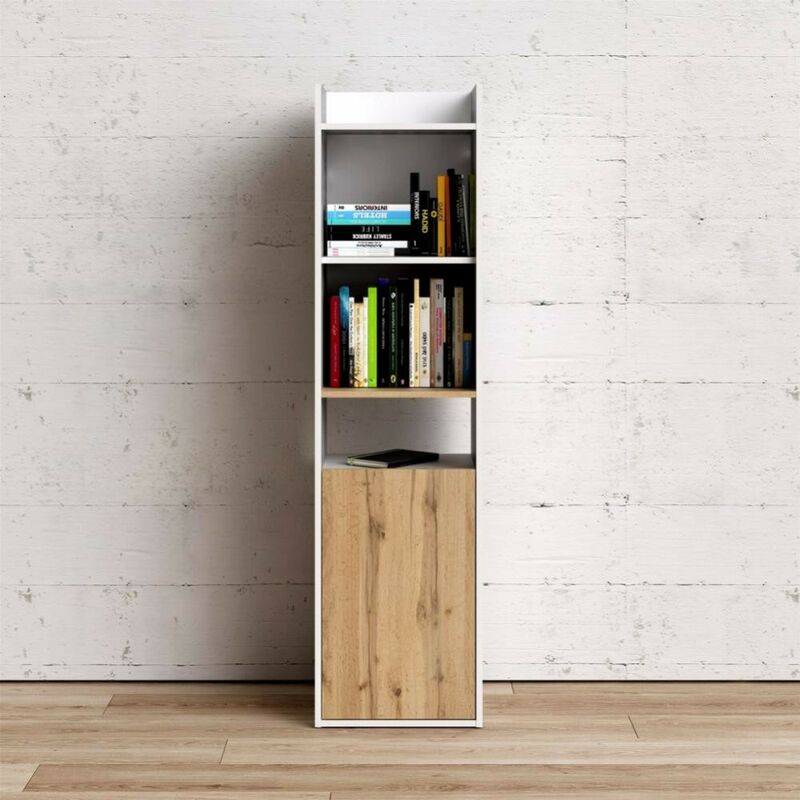 caesaroo - bibliothèque de 154 cm blanc mat et chêne avec une porte et quatre étagères chêne et blanc