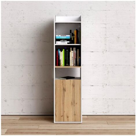 Bibliothèque de 154 cm Blanc mat et Chêne avec une porte et quatre étagères chêne et blanc