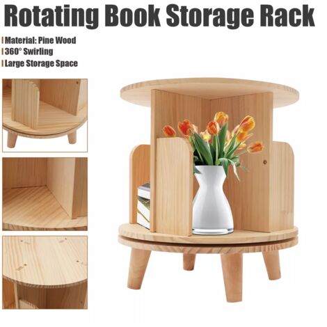 Bibliothèque de 31 cm de haut Étagère de rangement cylindrique à 1 niveau Coin de bibliothèque rotatif à 360° Rangement en bois à quatre compartiments