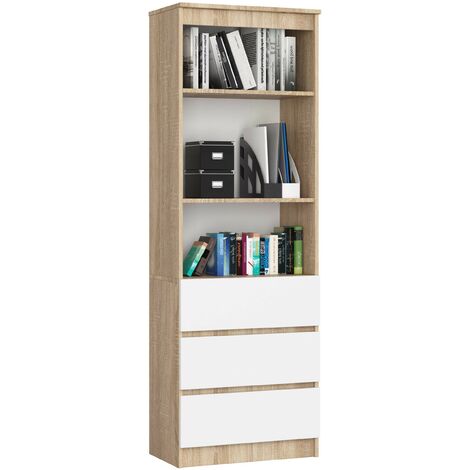 Bibliothèque de bureau AKORD R60 Chêne Sonoma 60 cm 3 tiroirs façade Blanche 3 étagères 60x35x180 cm