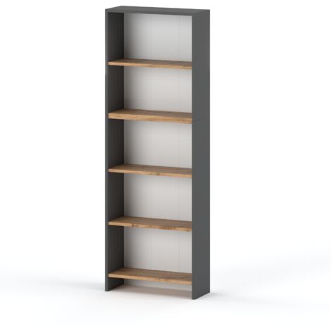 Étagère Buro 60 cm – 5 étagères – Gris Wotan – Panneaux laminés avec bords ABS – Hauteur 189 cm, profondeur 30 cm