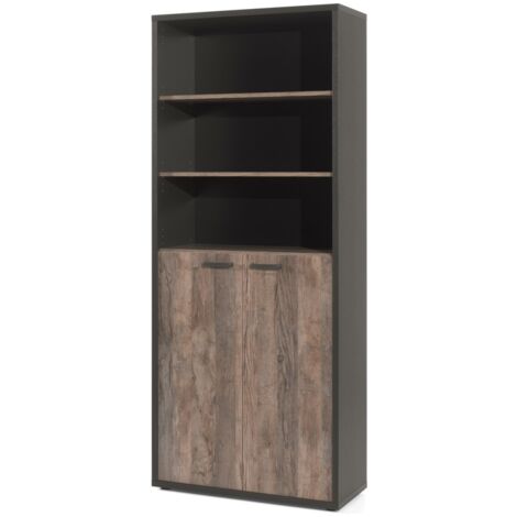 Bibliothèque de bureau SOON – 2 portes et 4 étagères – Chêne vieilli & noir – L90 x H216 x P40 cm