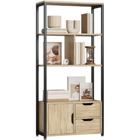 Bibliothèque de style industriel, meuble à 3 étagères, 2 portes à tiroirs, 58 x 24 x 122 cm, effet bois naturel, acier noir