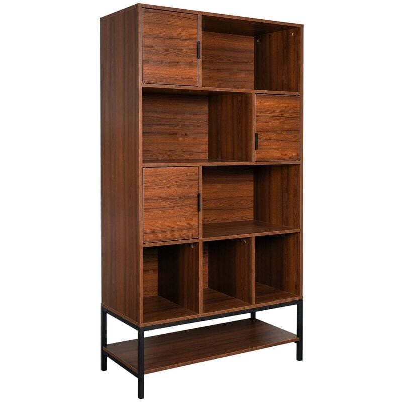 Bibliothèque style vintage en décor noyer et métal noir avec 9 compartiments (3 portes et 5 étagères)