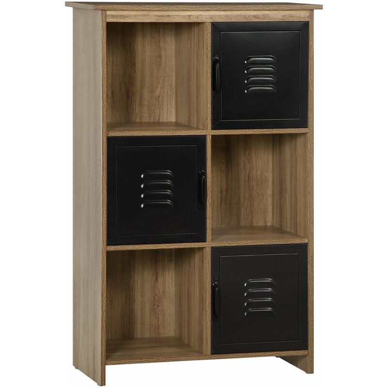 bibliotheque design industriel - meuble de rangement 3 niches casiers panneaux particules aspect bois veinage portes metal noir