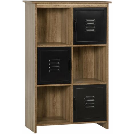Bibliothèque design industriel - meuble de rangement 3 niches 3 casiers - panneaux particules aspect bois veinage portes métal noir - Marron