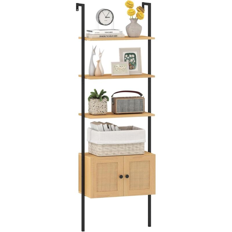 Costway - Bibliothèque Échelle à 5 Niveaux avec Cabinet en Rotin, Étagère Murale de 184 cm avec Cadre Métallique, Étagère Boho Ouverte, Naturel