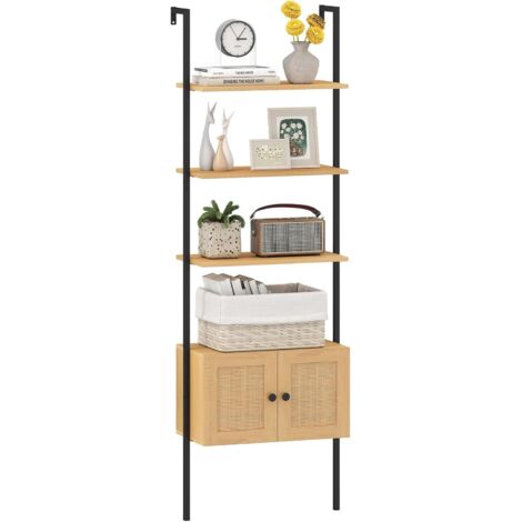 Bibliothèque Échelle à 5 Niveaux avec Cabinet en Rotin, Étagère Murale de 184 cm avec Cadre Métallique, Étagère Boho Ouverte, Naturel