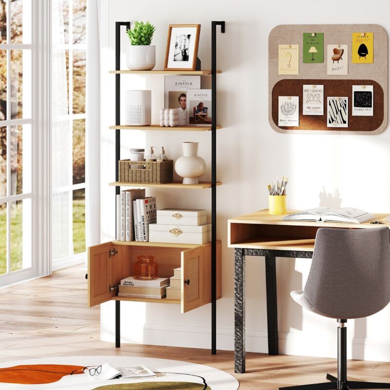 Bibliothèque Échelle à 5 Niveaux avec Cabinet en Rotin Étagère Murale de 184cm avec Cadre Métallique Étagère Boho Ouverte Naturel