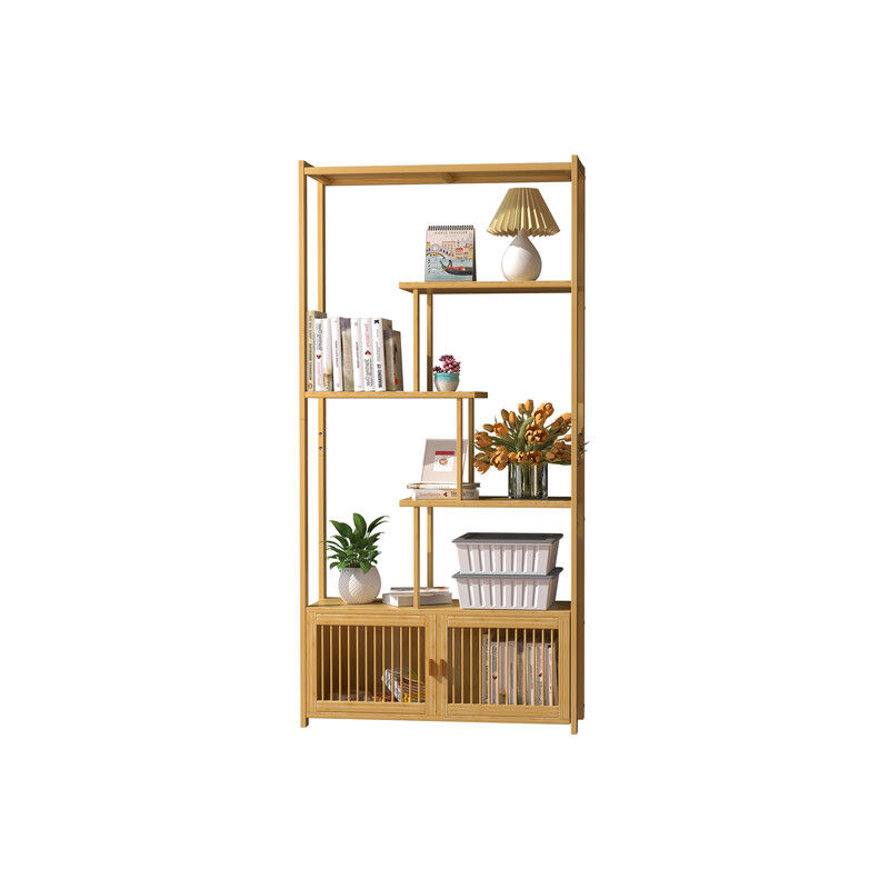 Bibliothèque en Bamboo Nature, Haute Étagère de Rangement avec 4 Niveaux Ouvertes, 1 Cabinet Fermé, Armoire de Stockage pour Salon Bureau Chambre,