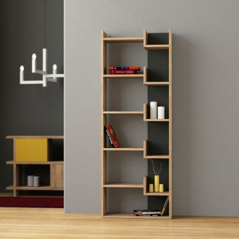 Toscohome - Bibliothèque moderne avec étagères en chêne et anthracite 61x162H cm- Oppa