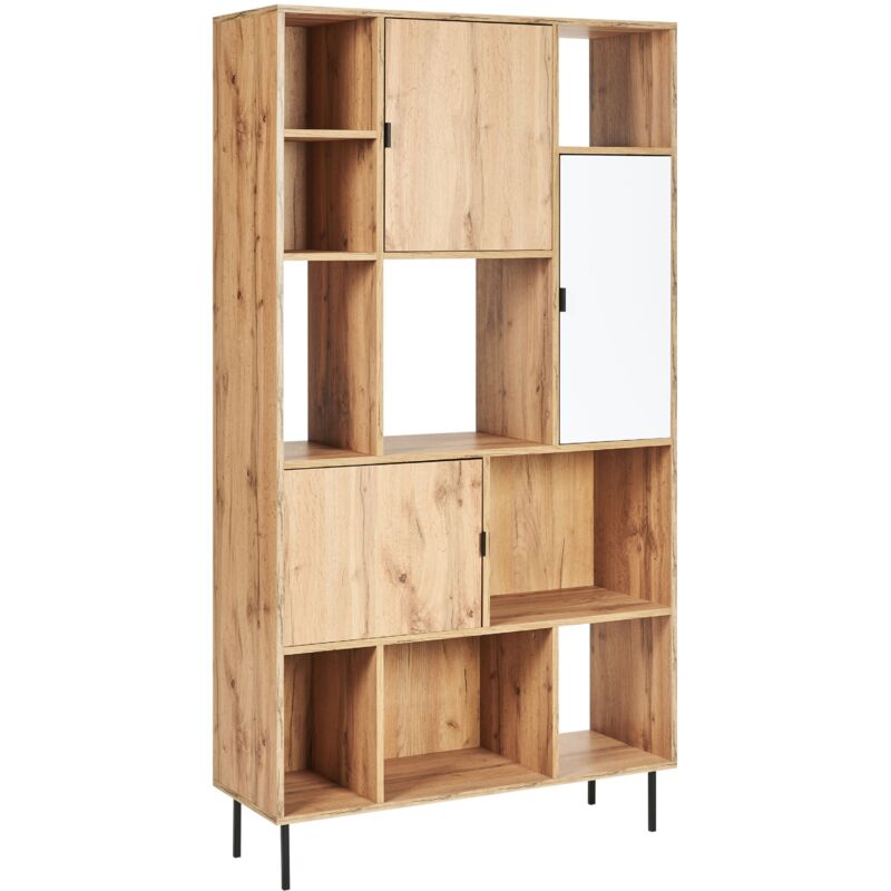 Bibliothèque en Bois à 5 Niveaux 11 Étagères et 3 Portes Bois Clair et Blanc Amos