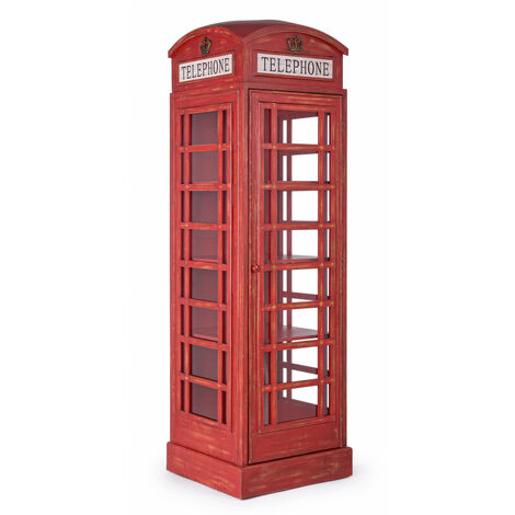 Bibliothèque en bois cabine téléphonique portes en verre 3 tablettes - LONDON - rouge