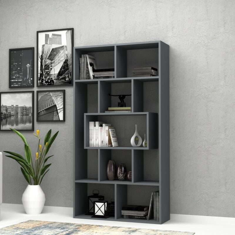Toscohome - Bibliothèque en bois de 170h cm avec neuf compartiments en gris ciment - Face