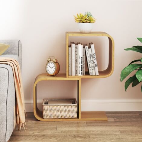 Bibliothèque en Forme de ‘S’ à 2 Niveaux Etagère en Bambou avec 2 Cubes Ouverts Etagère d'Angle Géométrique Naturel