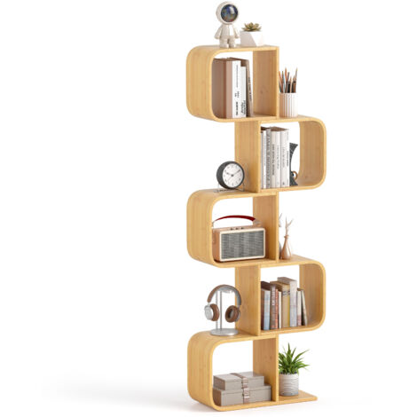 Bibliothèque en Forme de 'S' à 5 Niveaux, Etagère en Bambou avec 5 Cubes Ouverts, 23 x 61 x 166 cm, Naturel
