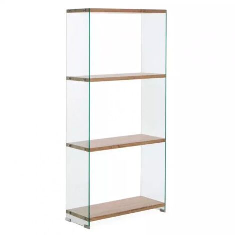 Bibliothèque en verre trempé H. 164 cm – 3 étagères décor chêne – Structure solide 12 mm – Design moderne pour salon ou bureau – Meubletmoi