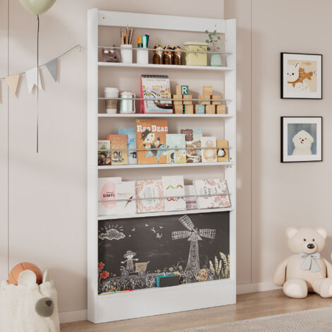 Bibliothèque enfant 100x10x180 cm - Étagères de rangement à 4 niveaux - Avec tableau noir - Blanc